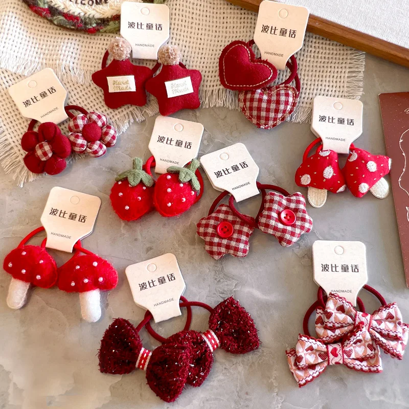 

Red Series Flower Star Stuffed Hair Ties for Kids Cute Bow Hair Ropes Sweet Hair Accessories Headwear for Baby Girls Daily Wear