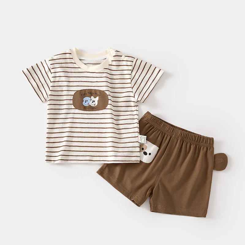 Baby Short-Sleeved T-shirt Suit Home Wear Thin Summer Boys and Girls Shoulder Open Shorts Loose Baby Outerwear