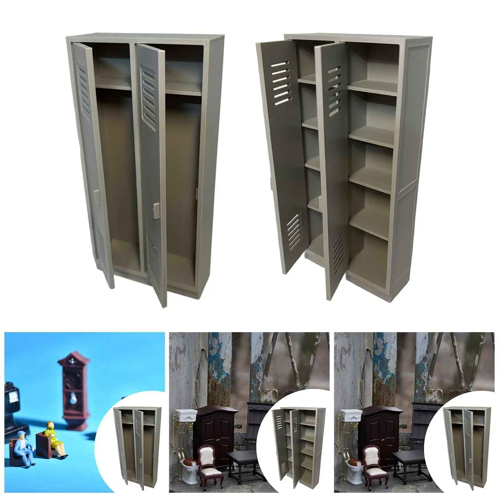 

Miniature School Cabinet Pretend Play Ornament Photography Props 1/12 Scale Wardrobe with Compartment Dollhouse Storage Wardrobe