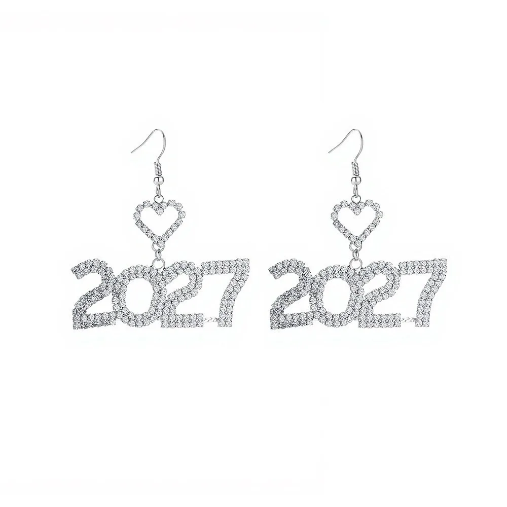 Trendy Elegant 2027 Digital Earrings Fashion Long Drop Happy New Year Earrings Rhinestone Shiny Stud Earrings New Year