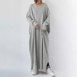 New Large Size Casual Dress 9XL 8XL 7XL 6XL Fall Fashion Ladies V Neck Long Sleeve Pocket Simple Knit Large Swing Loose Dress