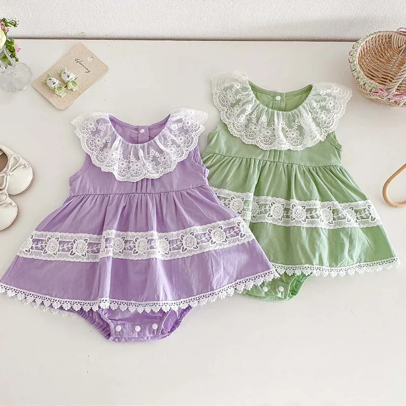 2026 New Summer Toddler Baby Girls Jumpsuit Sleeveless Cotton Lace Splicing Newborn Baby Girl Romper 0-24M Baby Girl Clothing