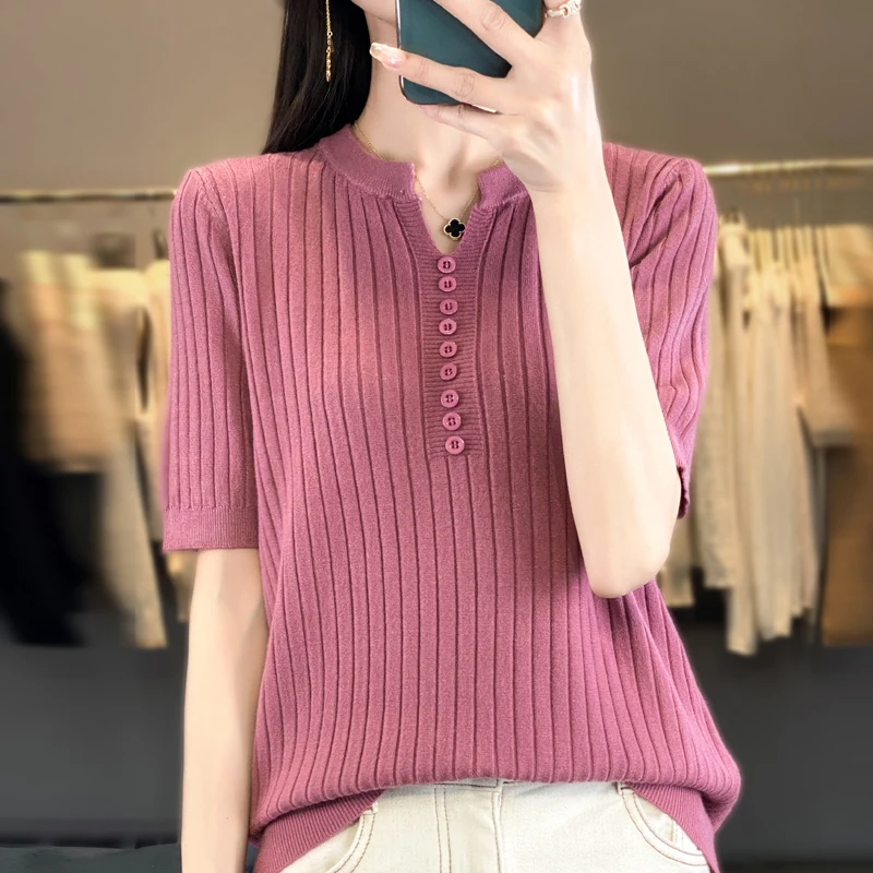 

Women's T-shirt Spring/Summer Worsted Knitwear Casual Sweater Short Sleeve V-Neck Ladies Tops Loose Button Blouse Pullover Tees