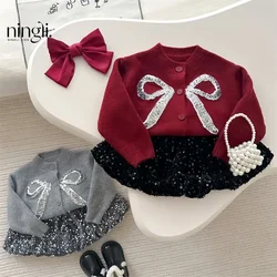 Childrens Clothing 2025 Spring New Butterfly Knot Thick Sweater Jacket Short Skirt Toddler Girl Clothes