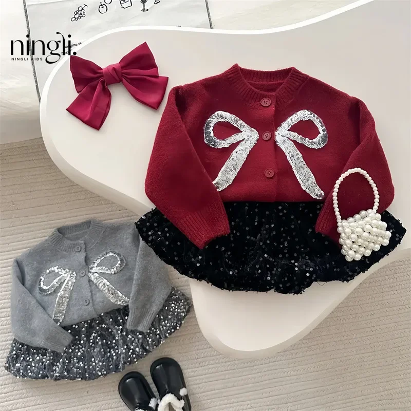 Childrens Clothing Set 2025 Spring New Butterfly Knot Thick Sweater Jacket Short Skirt Two-piece Set Toddler Girl Clothes