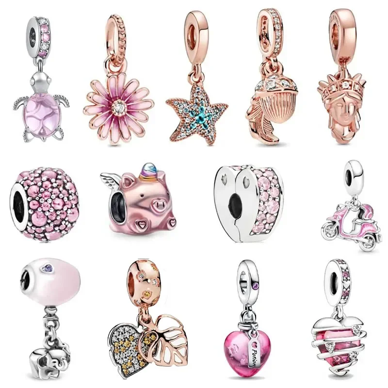 Breloques en plaqué rose pour bracelet Pandora original, bijoux de bricolage, cadeau exécutif, série InjRibbon, perles rondes Butterfl, nouveau, 925