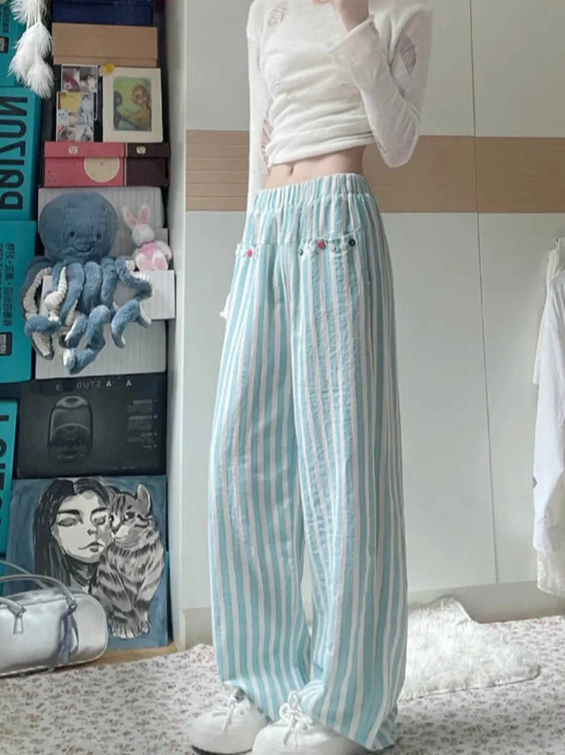 Fashion Vintage Green Striped Straight Trousers 2025 Summer New Wide Leg Pants Y2k Grunge High Waist Loose for Women