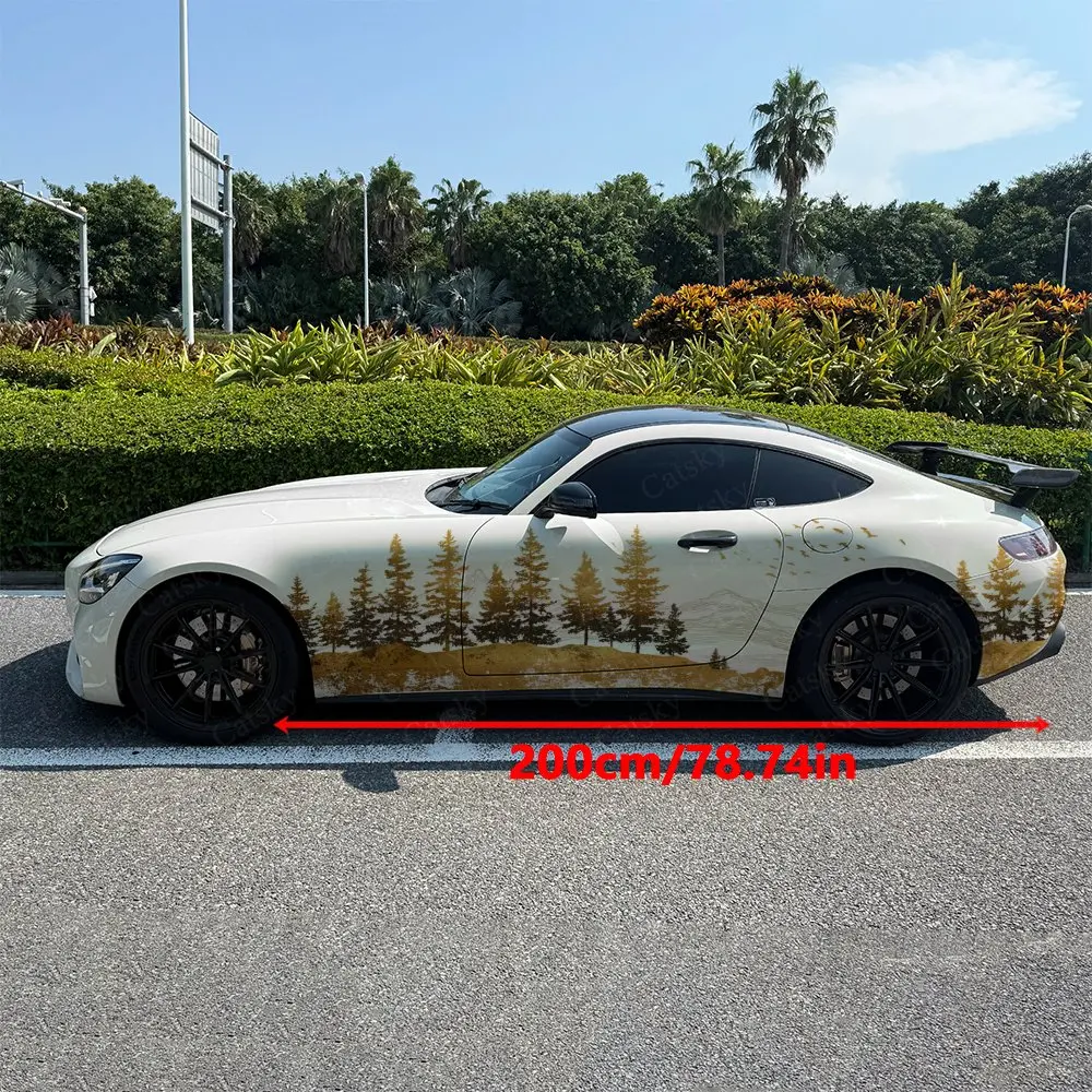 2pcs Gilded Pine Forest & Birds Car Side Wraps, Self-Adhesive PVC Waterproof & Scratch-Resistant Stickers, Car Accessory Gift