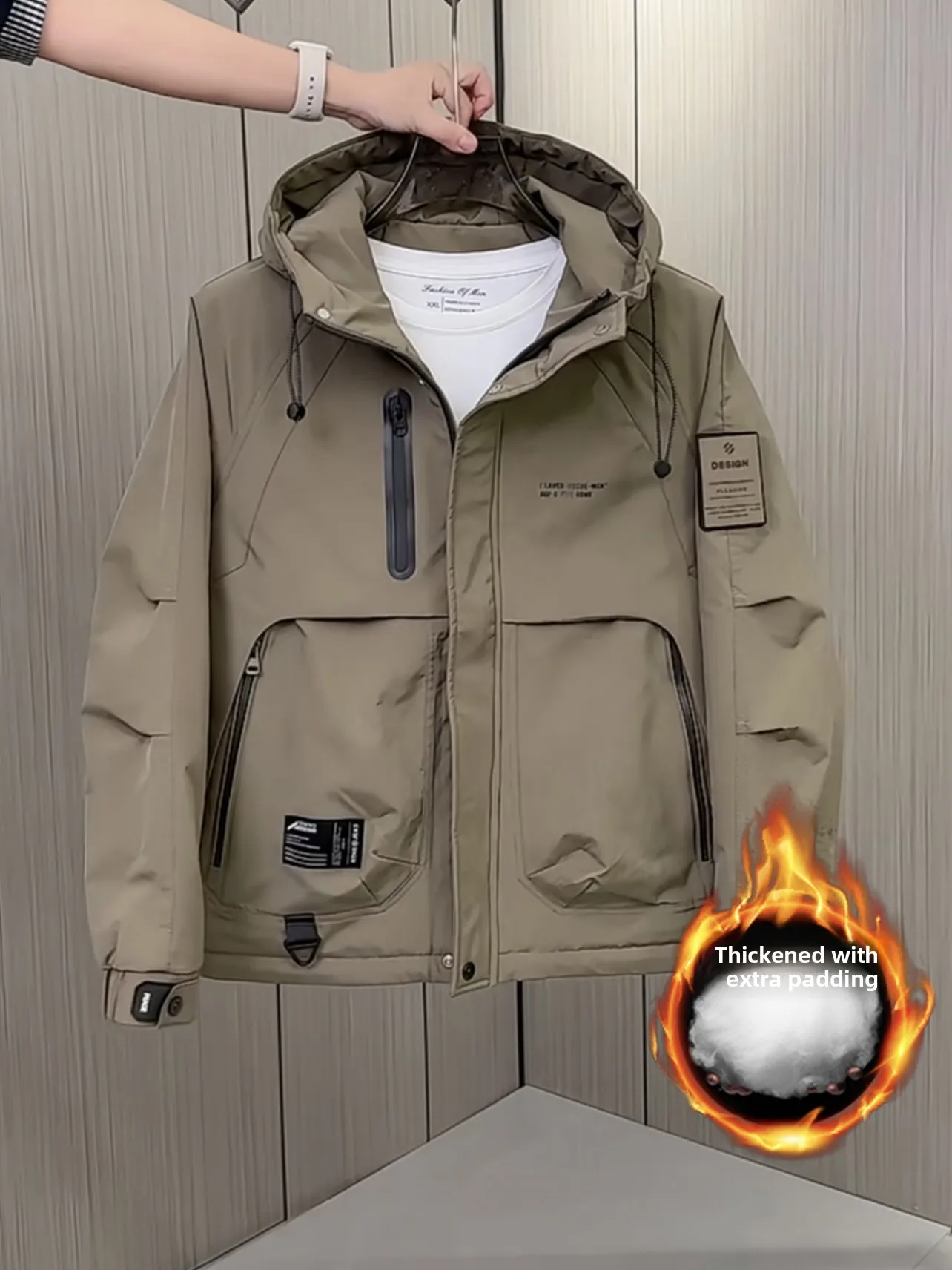 

Men's Cotton Jaet Hooded Thi Warm Faionable Workwear Coat Youth Trendy Winter Outerwear Long Sve Zipper Closure