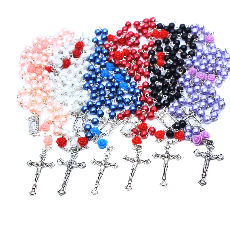 6 Colors Resin Rose Glass Pearl Fashion Rosary Long Pendant Necklace Religious Faith Maria Jesus Cross Women Jewelry Gifts