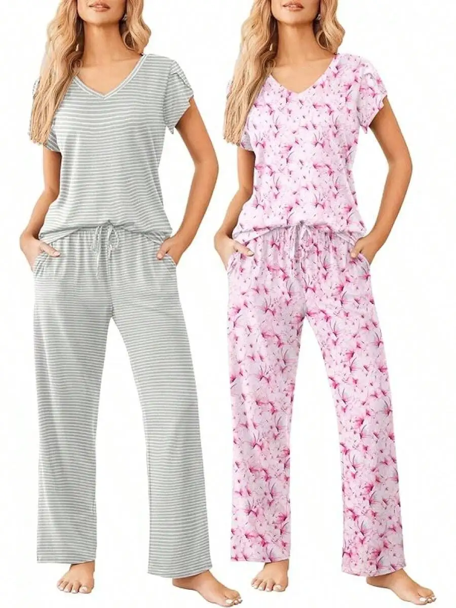 2 Pack Women Short Sleeve Pajama Sets With Floral And Striped Print Loose Lounge Wear