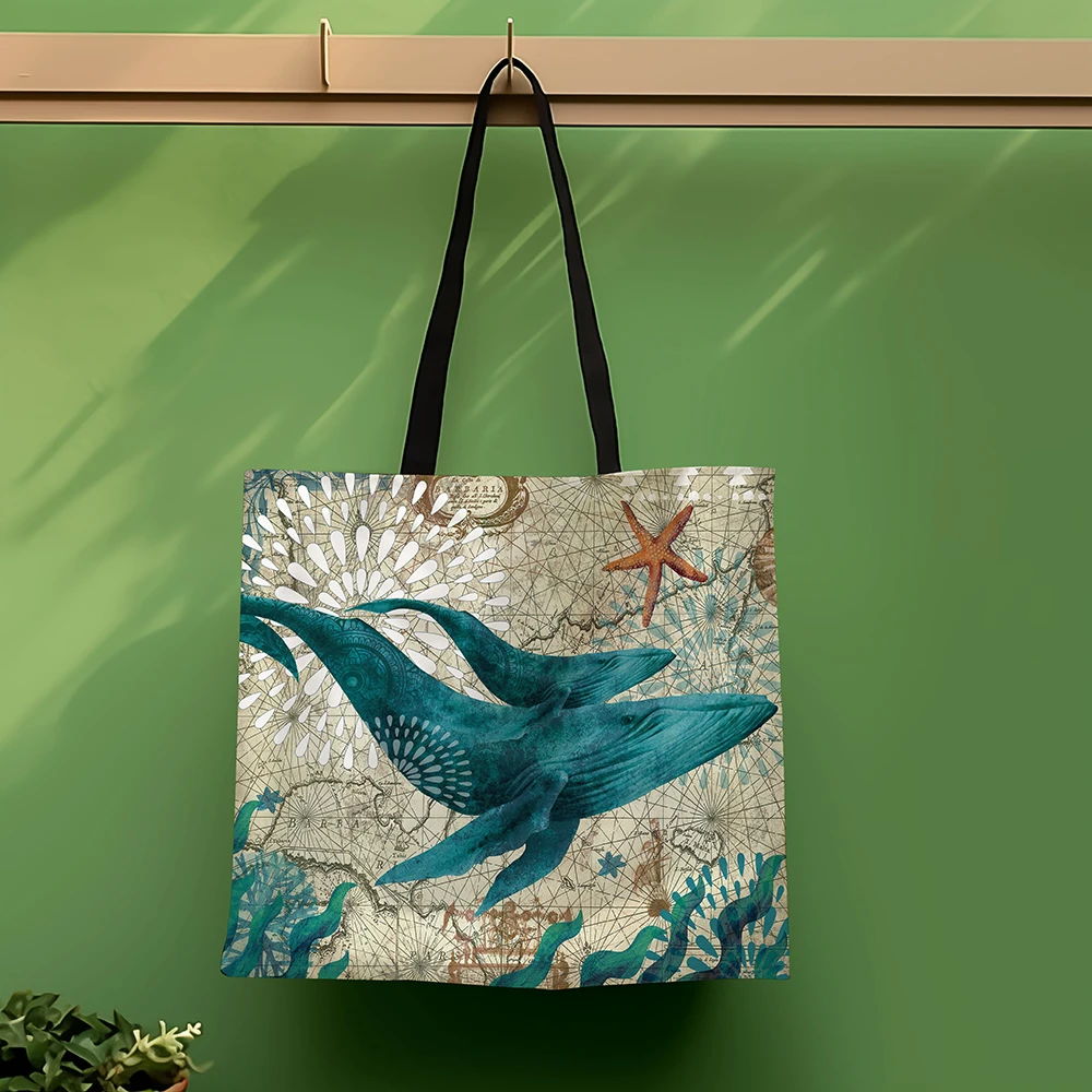1 Pc Turtle Octopus Seahorse Whale Pattern Map Vintage Shoulder Bag Lightweight Full Storage Bag Multifunctional Shopping