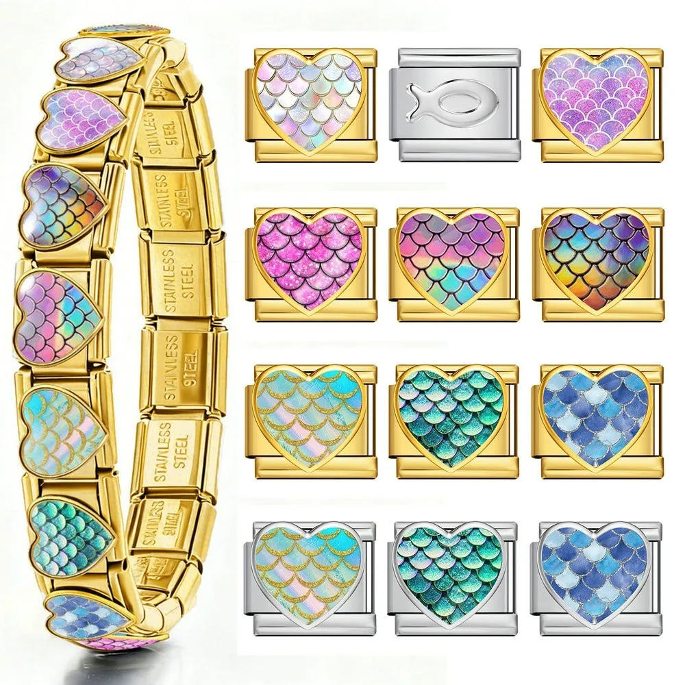 Gradient Color Mermaid Scale Heart Italian Charm Links 9mm Stainless Steel For DIY Bead Bracelet Women Ocean Themed Jewelry Gift
