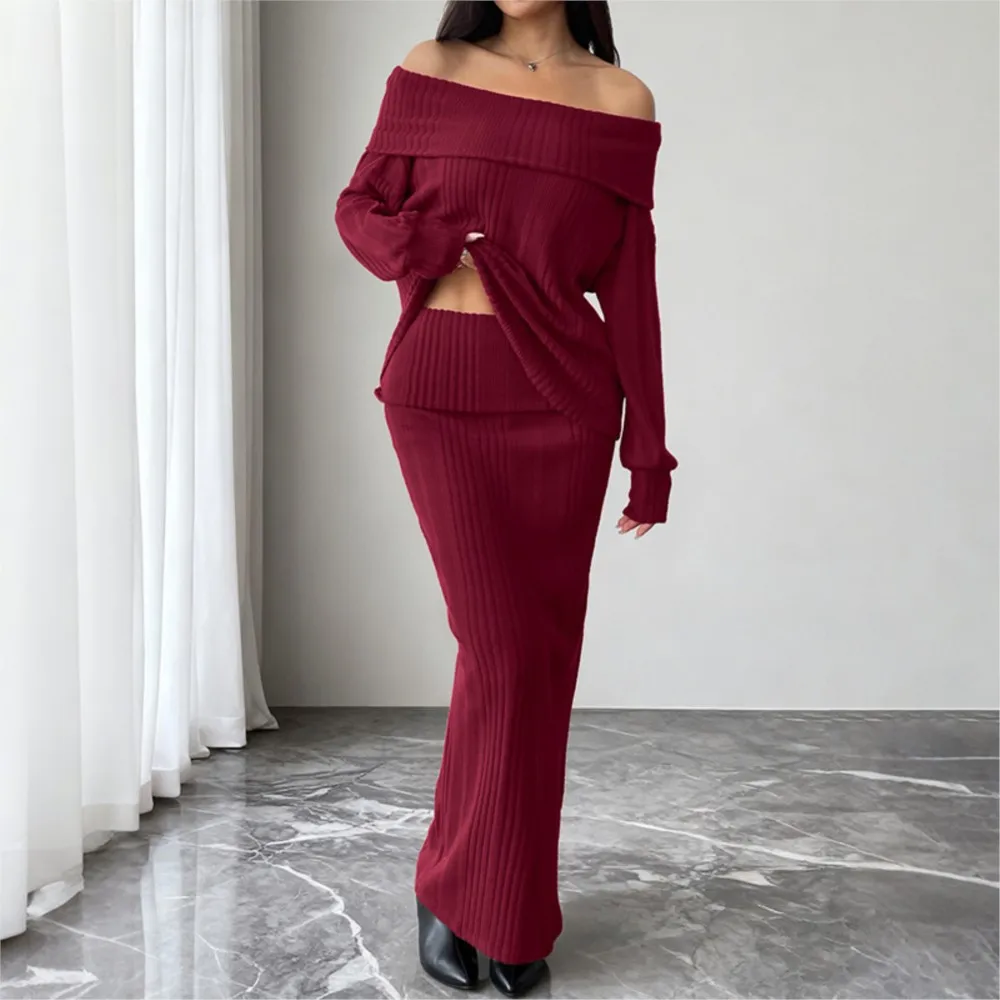 Winter Clothes Woman Pulls Femmes Woman 2 Piece Set Outfit One-shoulder Knitted Solid Color Simple Style Sweater All-match Hot