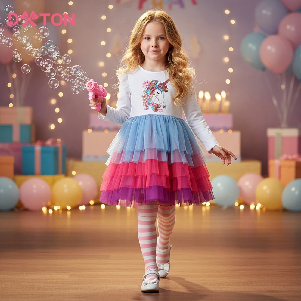 

DXTON Princess Cake Mesh Dresses Girls Birthday Party Kids Fairy Clothing Autumn Children Cartoon Outfits Unicorn Girls Dress