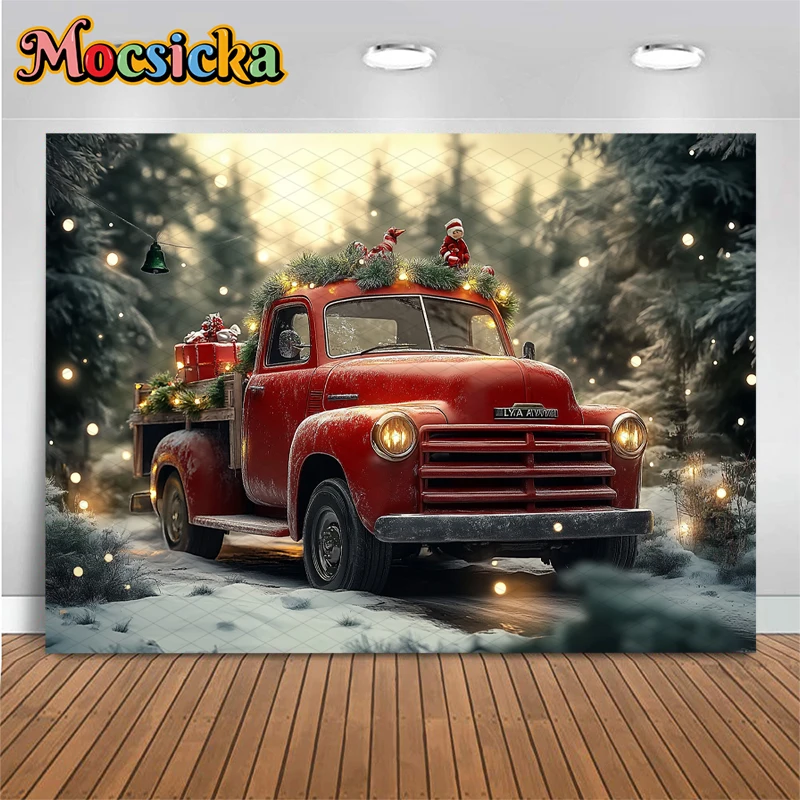 Mocsicka Christmas Photo Background For Shooting Red Truck Green Forest Photography Backdrop Props Outdoor Decoration Photobooth