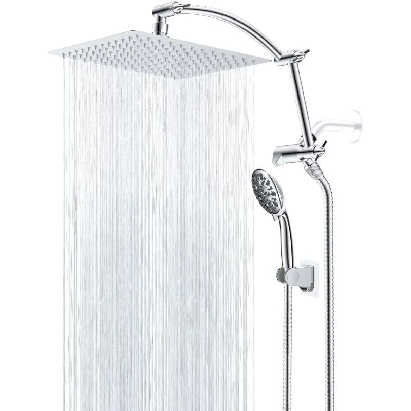 All Metal Shower Head,10'' High Pressure Rain Shower Head/Handheld Showerhead Combo with 16'' Adjustable Arc-shaped Showe