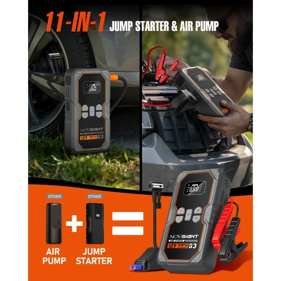 Jump Starter with Air Compressor - 6250A Portable Battery Jump Starter for Car 5L Gas/3L Diesel 12V Car Jump Box 150PS