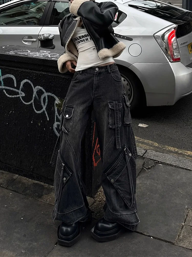 2024 estilo punk y2k streetwear lavado preto baggy carga calças jeans para mulheres roupas de grife perna larga senhora calças ropa mujer