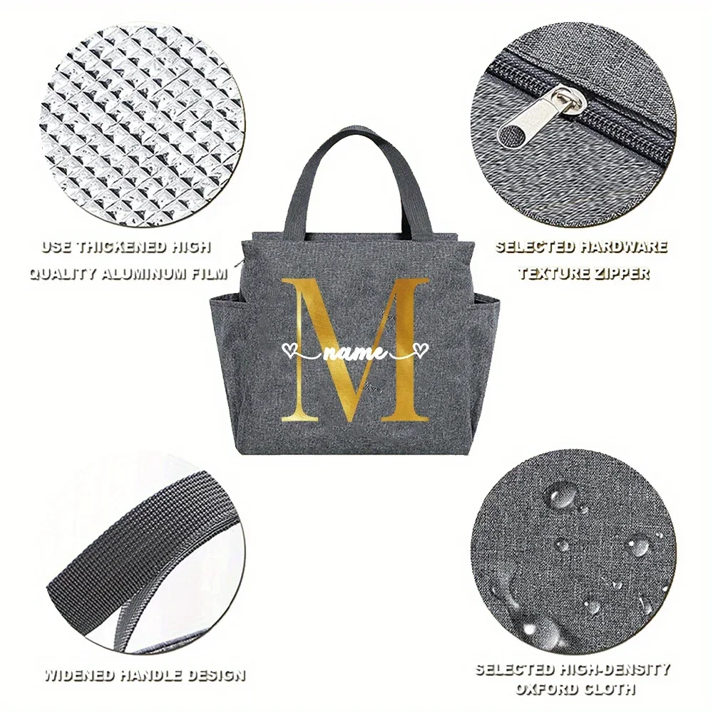 Customized Name Insulated Grey Lunch Bag Personalized Aluminum Foil Bento Gold Letter Lunch Bag Insulated Picnic Food Bag