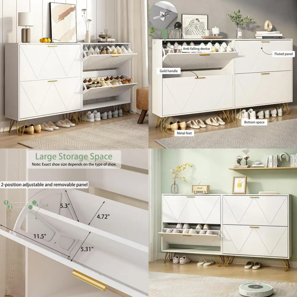 narrow entryway shoe storage cabinet set of 2 with flip drawers, freestanding fluted organizer for shoes