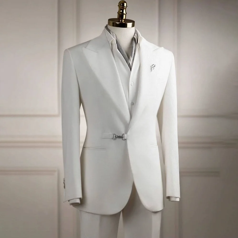 Elegant Men White Suit Distinctive Placket Design Metal Buckle Strap 2 Pieces Jacket+Pants Wedding Formal Blazer Groom Outfit