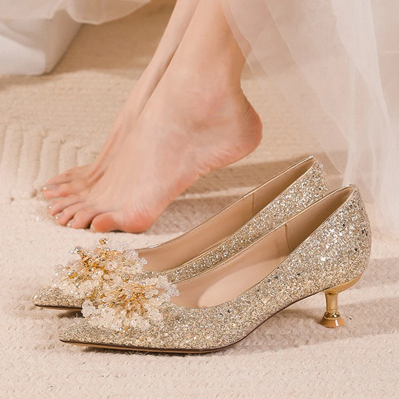 Champagne Gold Wedding Pumps Women Luxury Crystal Bridal Shoes Pointed Toe Bling Glitter High Heels