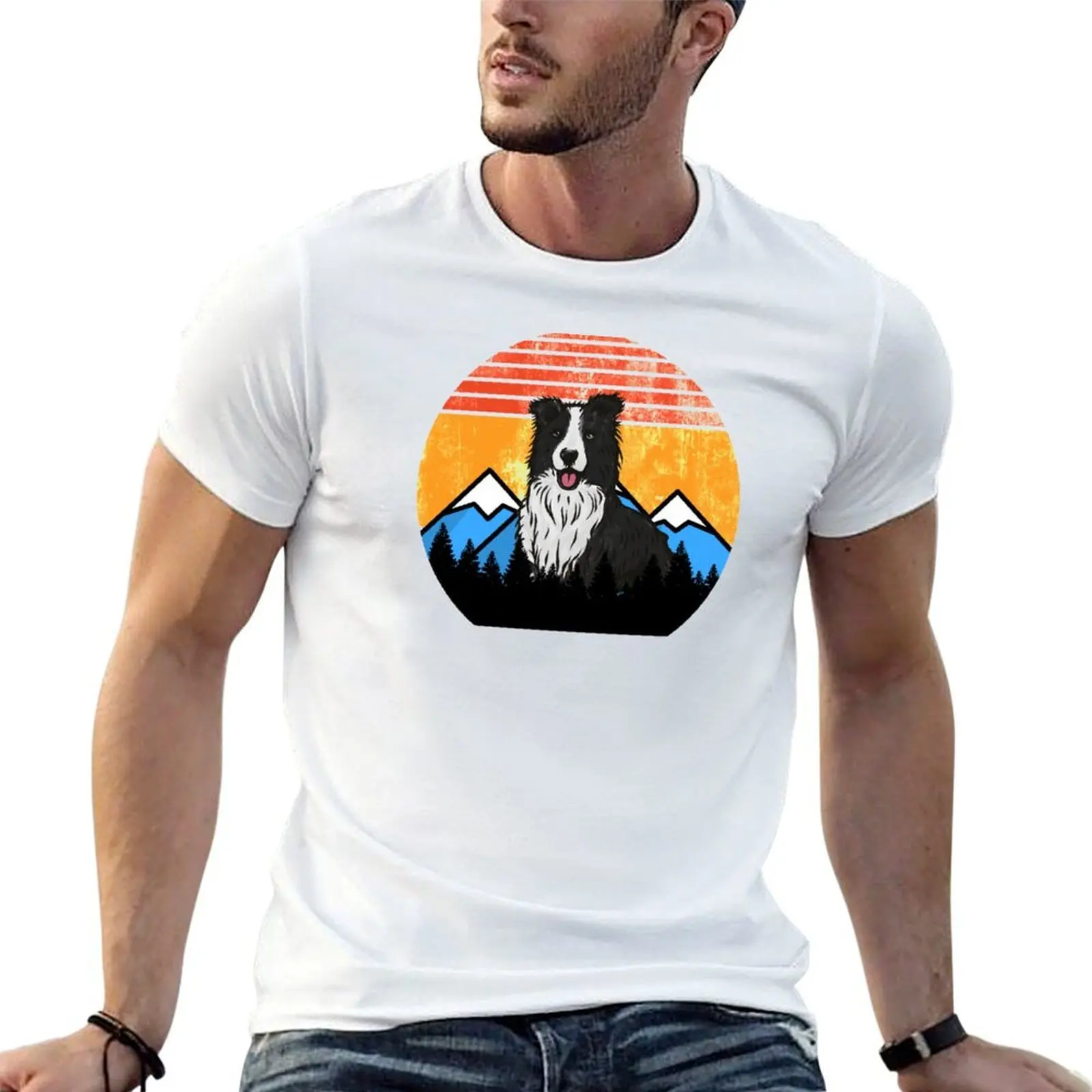 Vintage Sunset Mountains and Forest Border Collie Retro Dog Distressed Gift T-Shirt