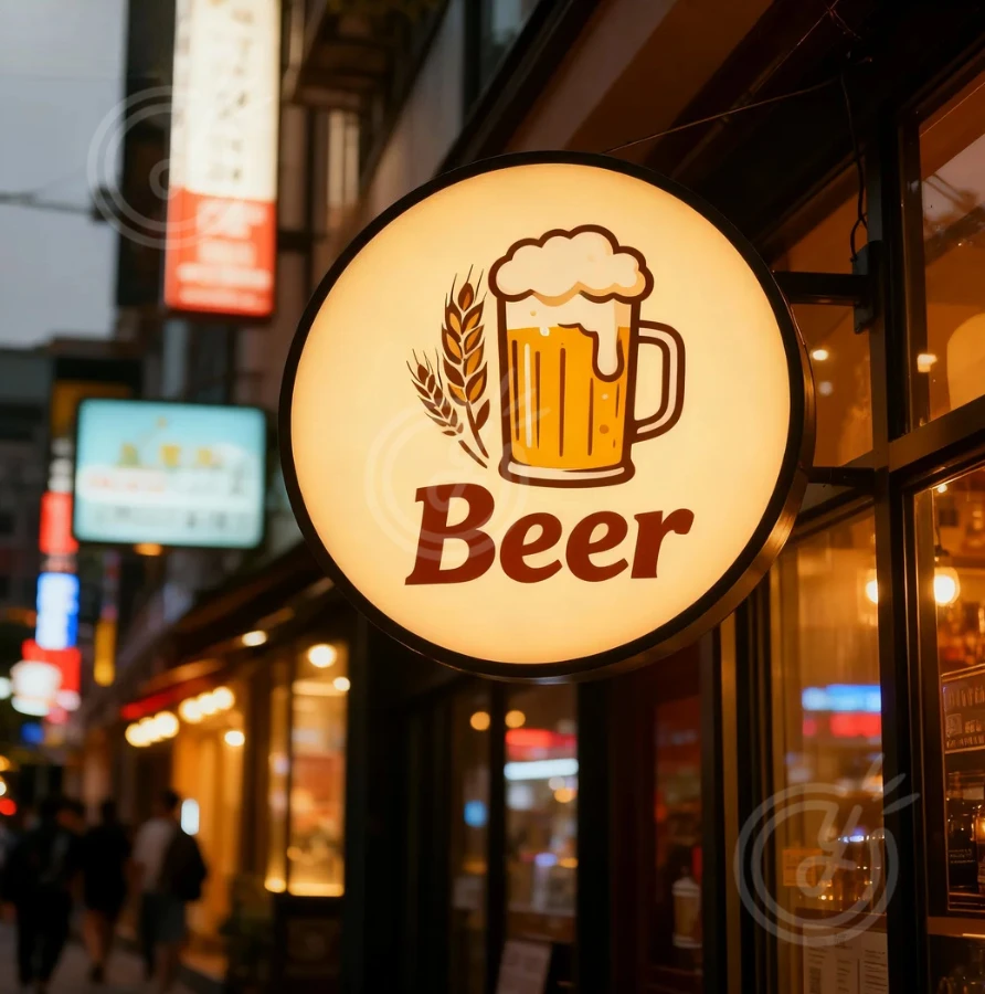 Sinal led de dupla face personalizado, logotipo comercial de néon, caixa de luz iluminada, logotipo de publicidade montado no teto e loja de bar de publicidade