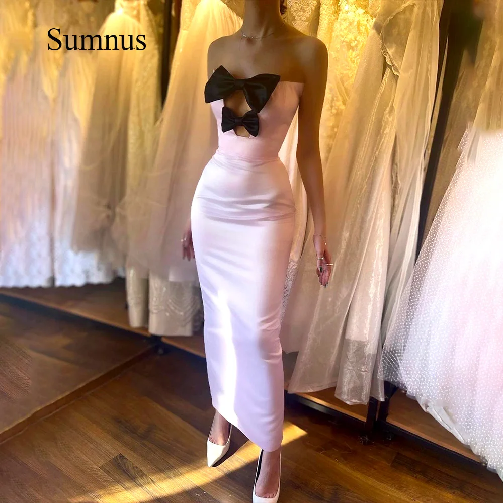 

Sumnus Light Pink Mermaid Party Dresses Double Black Bow Strapless Sexy Evening Prom Dress Ankle Length Event Party Gowns 2024