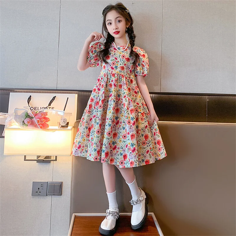 Girls Summer dress 2024 new CuHK children Korean princess dress 6-12 years old 15 years old floral dress