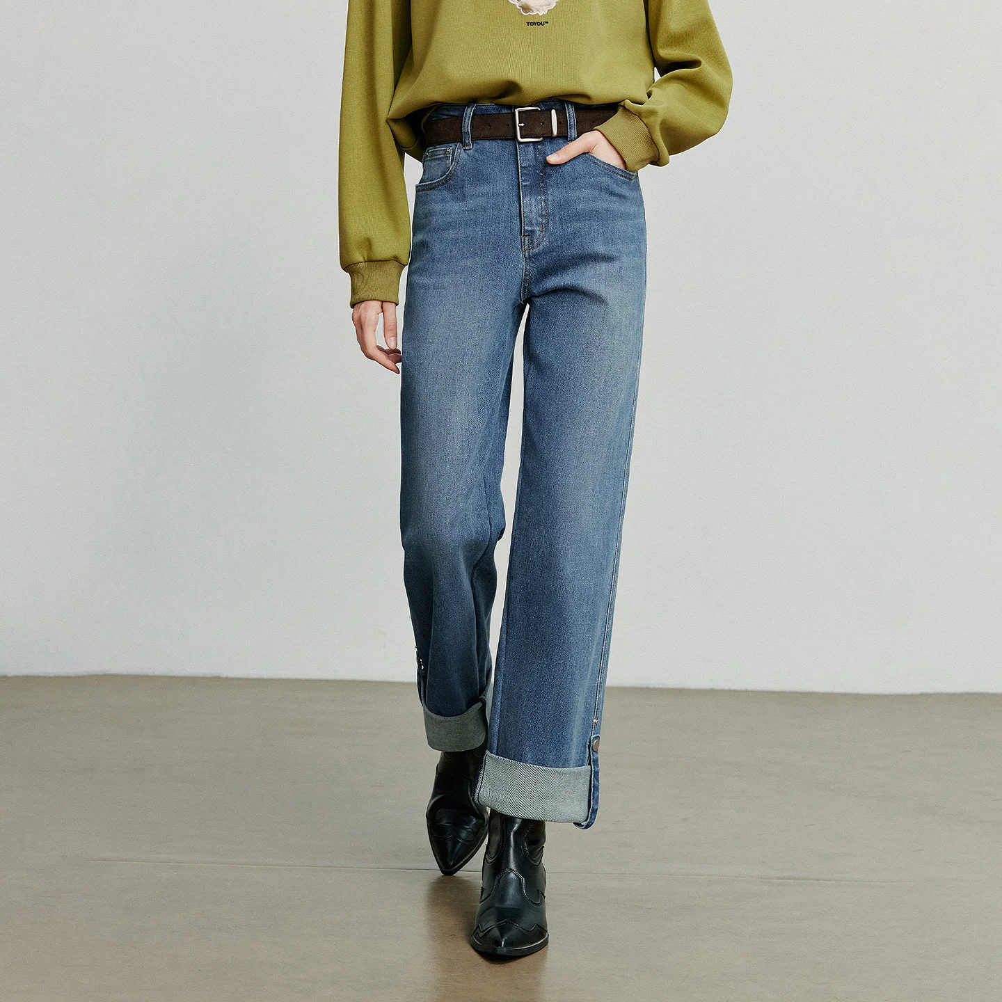TOYOUTH Women Denim Jeans 2025 Autumn New Lyocell Rolling Up Hem Elastic and Simple Straight Leg Ankle Length Pants