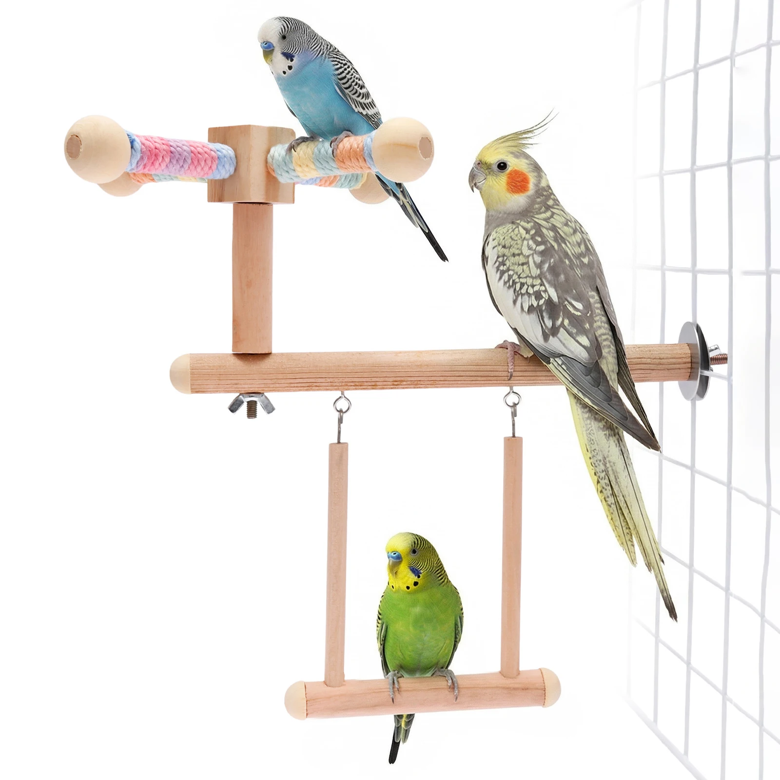 3 en 1 ﻿ Juguete Colgante para Pájaros, Hamaca de Madera para Jaula de Loros, Columpio para Pájaros 360 °   Suministros para Mascotas: Juguete Giratorio para Periquitos