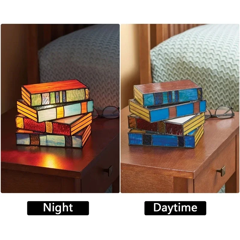 Stacked Books Lamp Nightstand Desk Lamps Resin Handicraft Stacked Books Light Stained Glass Table Desk Reading Light Decorative