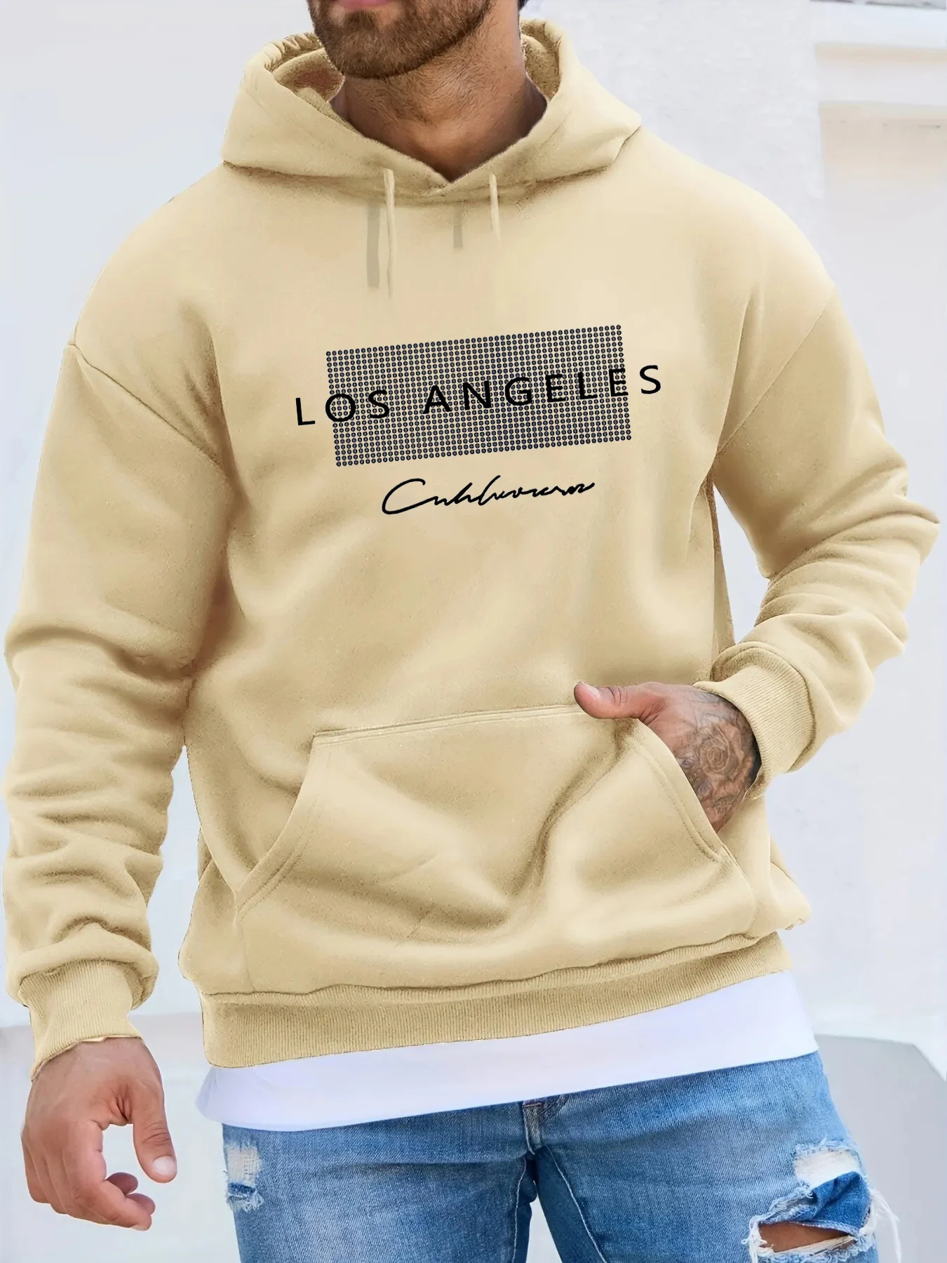 Men\'s autumn and winter fashionable casual loose Los Angeles pattern printed fleece pullover long sleeved hooded sweatshirt