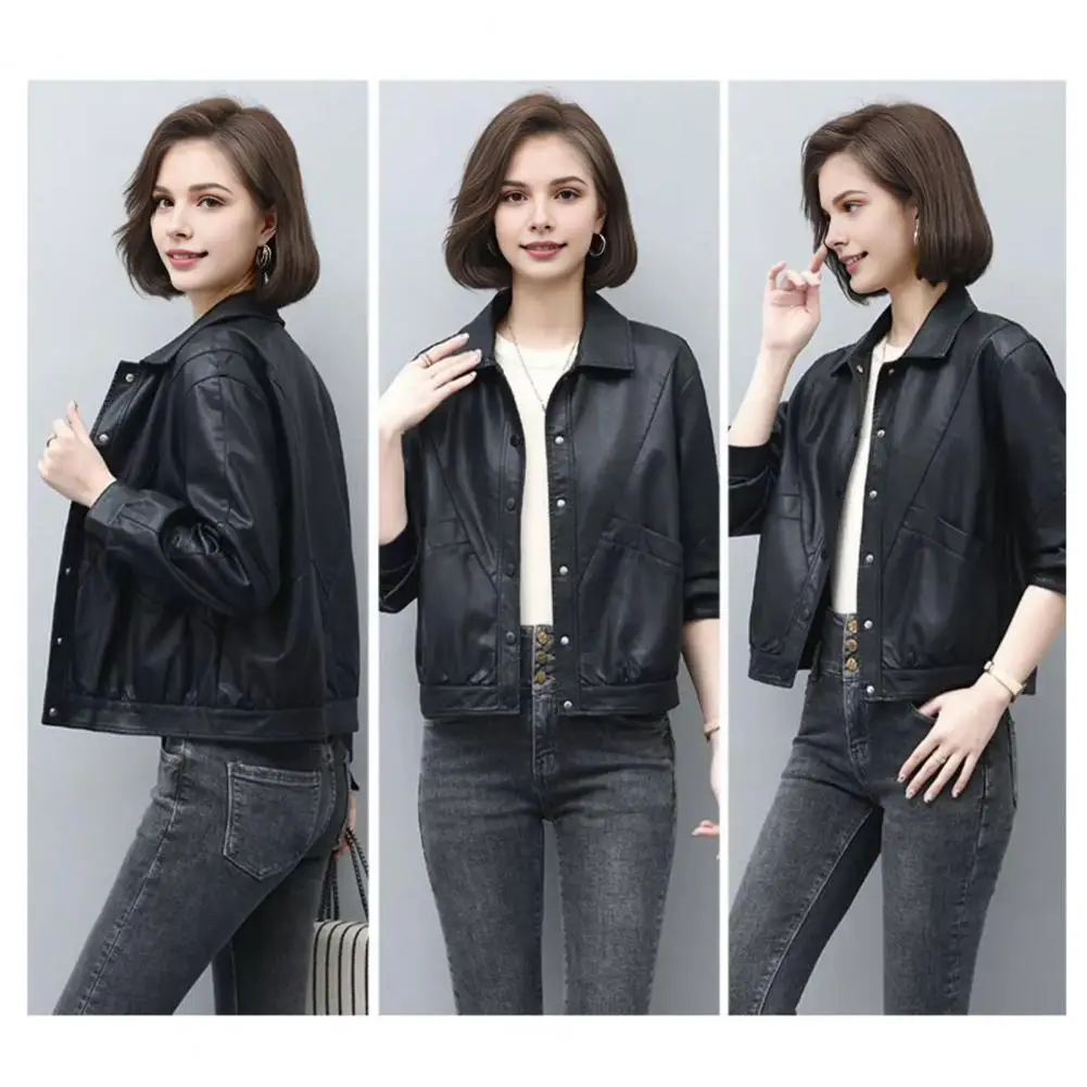 Women Faux Leather Jacket Stylish Women's Faux Leather Jacket with Turn-down Collar Long Sleeves Pockets Retro for Office