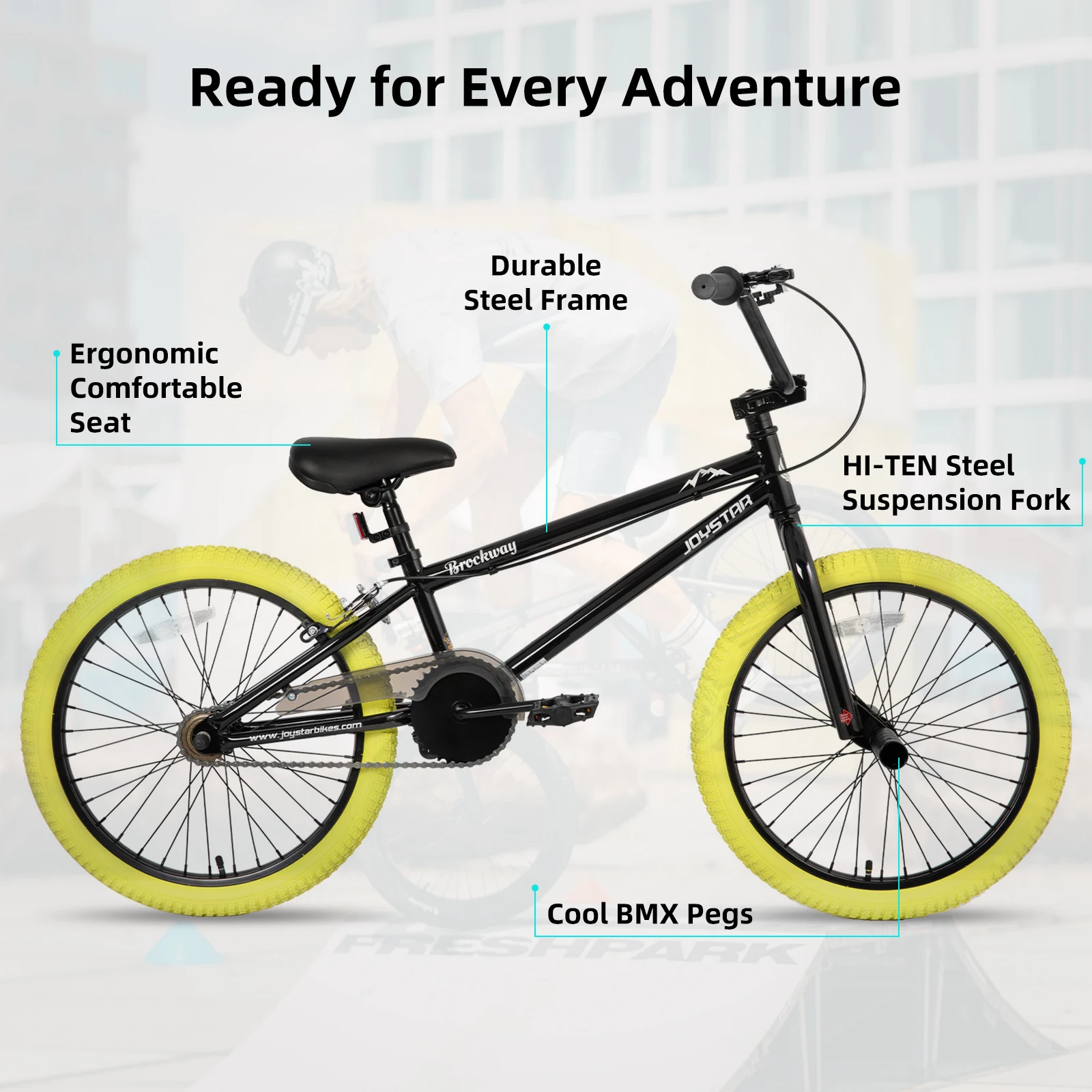 JOYSTAR Freestyle Kids BMX Bikes 20 "24" Bicicletas infantis para meninos e meninas de 6 a 14 anos e pilotos de nível iniciante 2 estacas, amarelo