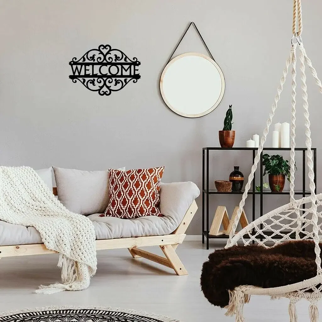 Decorative Curling Vine Metal Art Welcome Sign Metal Ornaments Wall Stickers Home Indoor And Outdoor Decoration, Room Decor