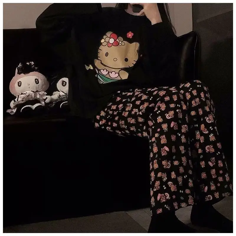 

Sanrio Hello Kitty Women Pajamas Set Cartoon Plus Size Home Lounge Spring Autumn Instagram Style Long Sleeve Round Neck Loose