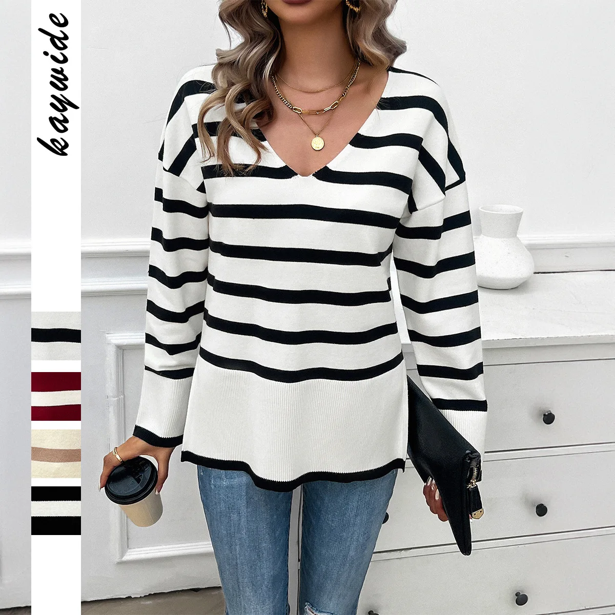 

Leisure Vacation Wind Contrasting Colors Striped Long-sleeved Sweater Women's Clothing Amazon Foreign Trade