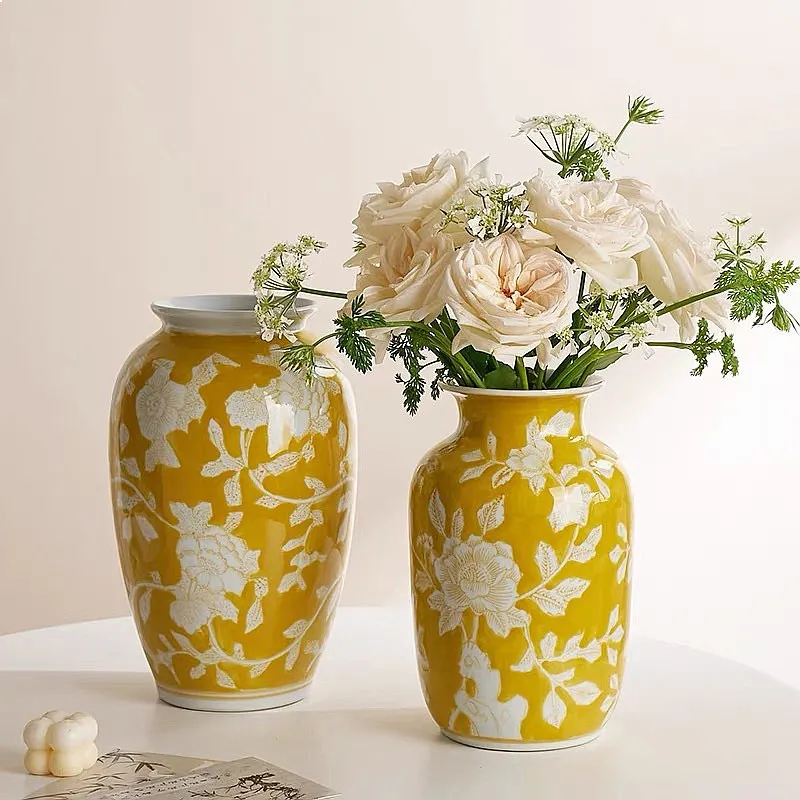 Ceramic Vase Chinese-style Retro Bottle Yellow Blue and White Porcelain Flowerpot Flower Vase Home