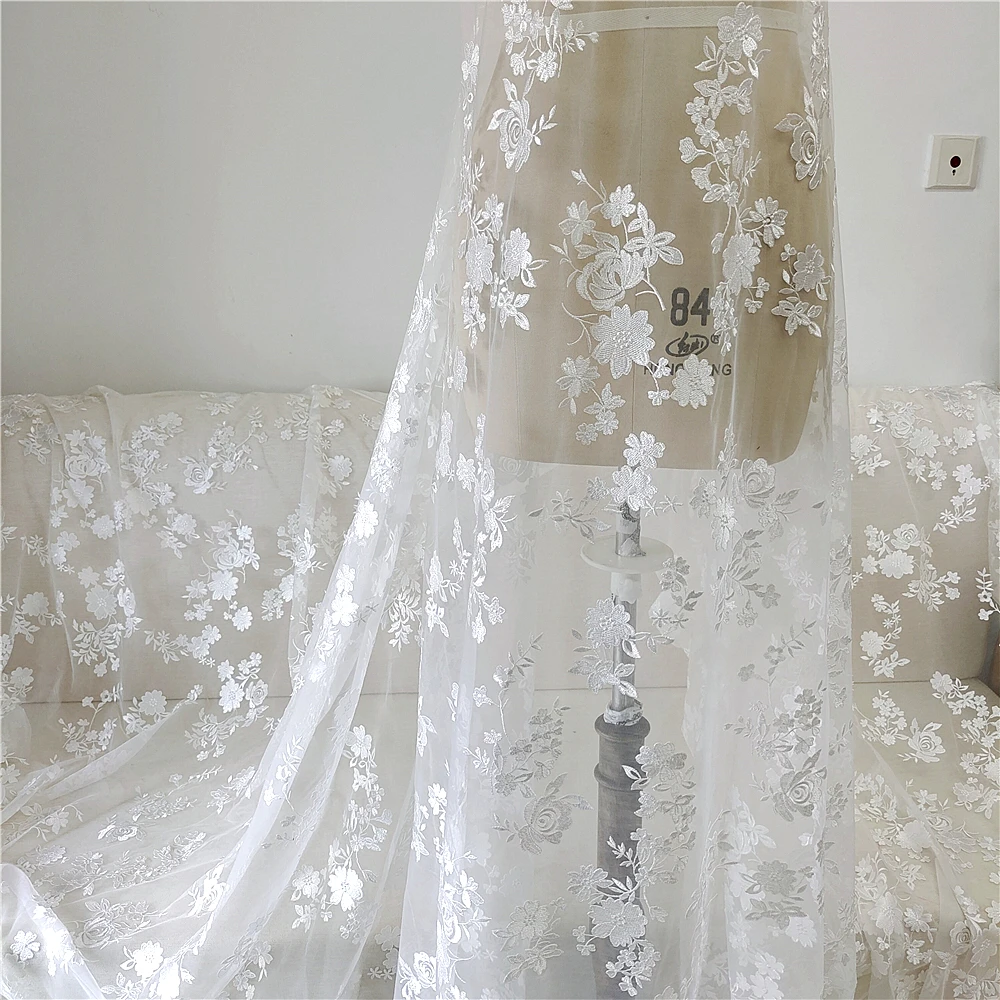 

High End White Soft Embroidery Lace Fabric Handmade Window Door Curtain Tablecloth Wedding Dress Dress Skirt Qipao Decoration