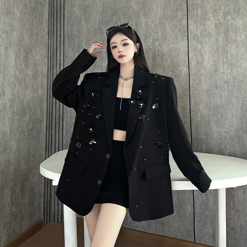 

SuperAen модный корейский стиль роскошный черный пиджак для женщин трехмерное украшение цветок ромбовидный дизайн свободный пиджак