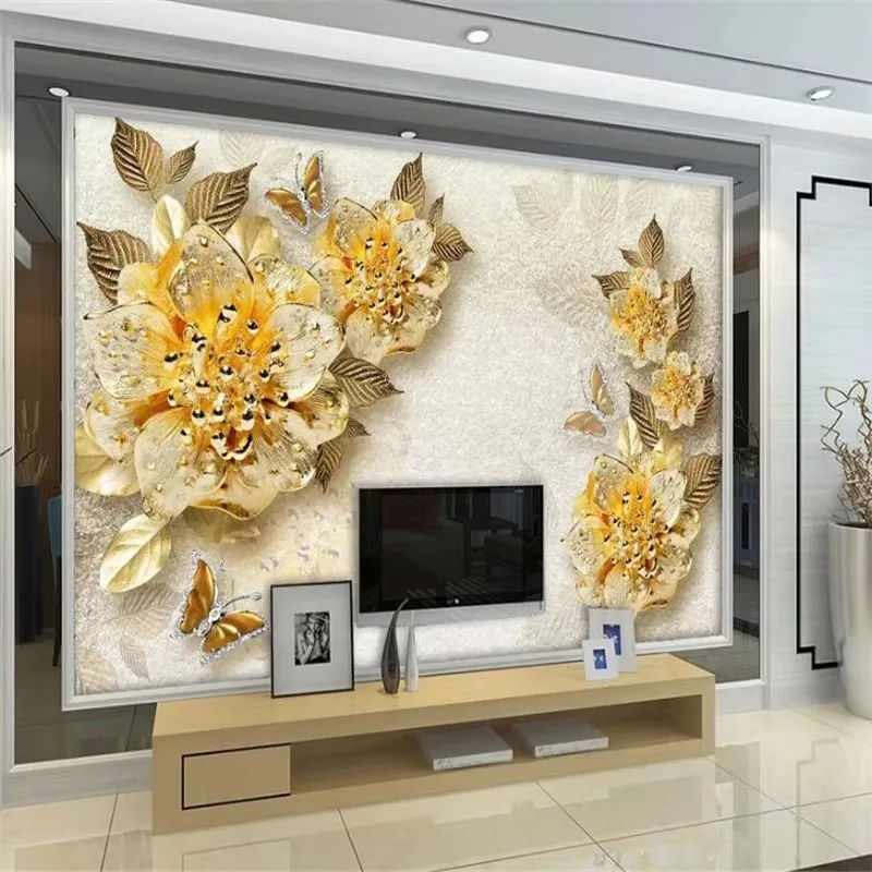 Murales grandes personalizados para decoración del hogar, papel tapiz de pared de fondo de joyería de flores de diamantes de alto grado, dorado, a la moda