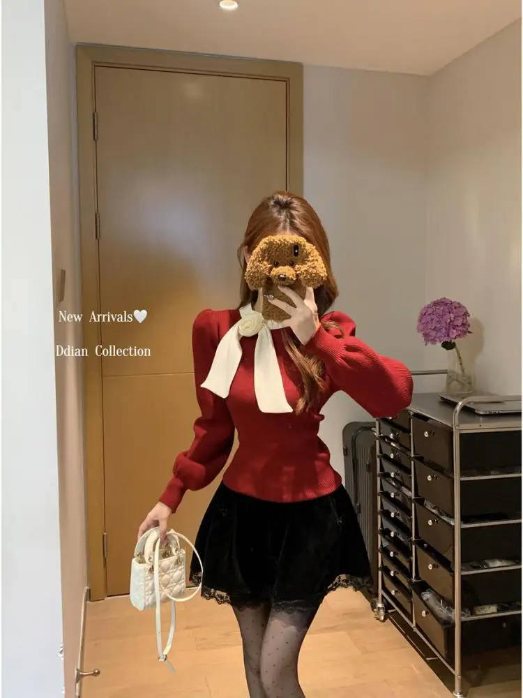 

Autumn Winter Sweet Patchwork Elegant Round Neck Bow Sweater French Vintage Women Long Sleeve Festival Knitted Tops Popular Chic