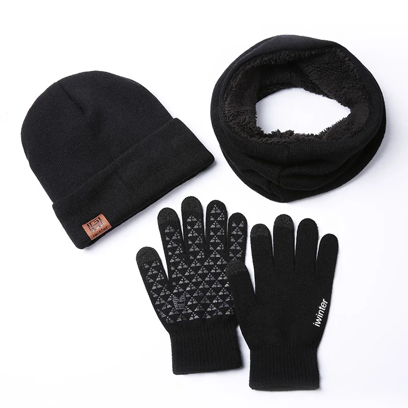 Christmas present Warm 3 Pieces Set Winter Hats Scarf Gloves For Women Men Thick Cotton Winter Accessories Set Male Scarf Gloves