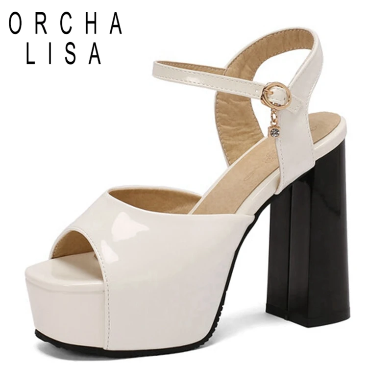

ORCHA LISA Элегантные женские сандалии на платформе с открытым носком и пряжками на щиколотке, большой размер 48 49 50, черный, белый цвет, золотой, толстый блочный каблук 12 см, 4 см