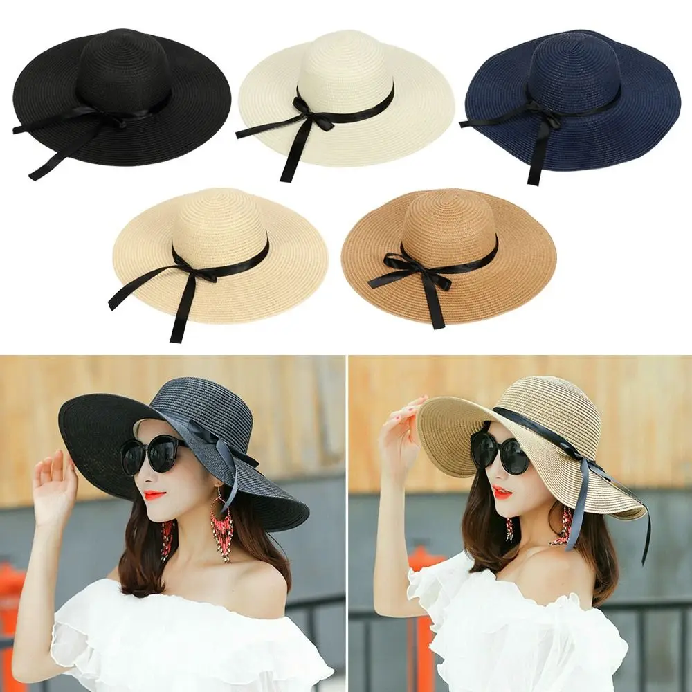 Women Beach Sun Visor Large Brim Floppy Straw Hat Fashion Summer Bow Cap Casual Summer Sun Hats