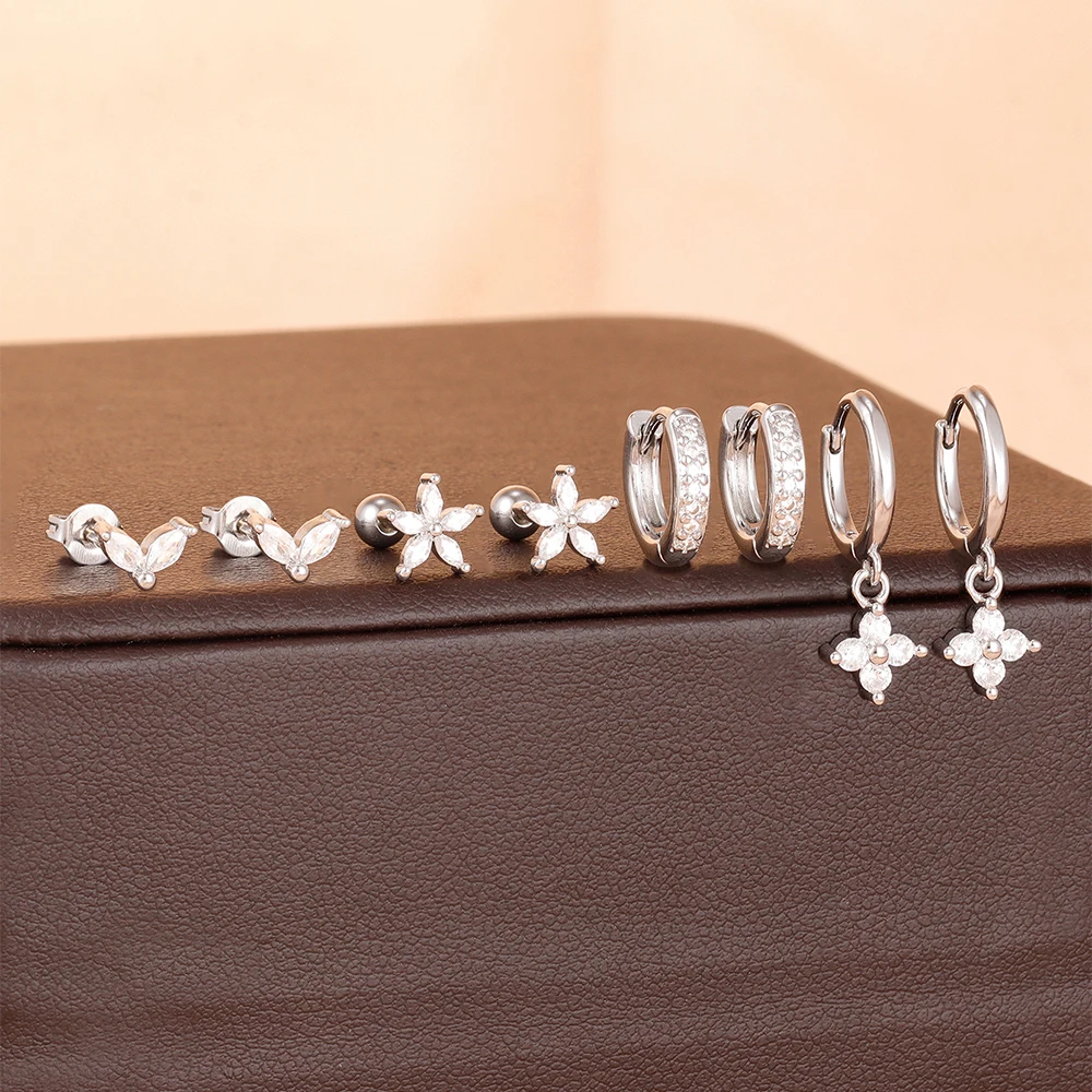 4PCS/8PCS Stainless Steel Dangle Earring Set Cubic Zirconia Butterfly Flower Stud Huggie Piercing Earring Statement Jewelry Gift