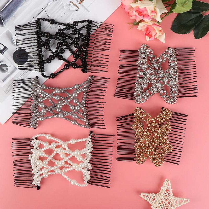 1pc Women DIY Hair Accessories Pearl Beaded Elastic Hair Claw Hairpin Magic Comb Up-Do Hairstyle Bun Maker Styling Tool